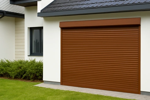 Cortina enrollable de aluminio pintada símil madera instalada en fachada elegante, combinando estética natural y durabilidad estructural