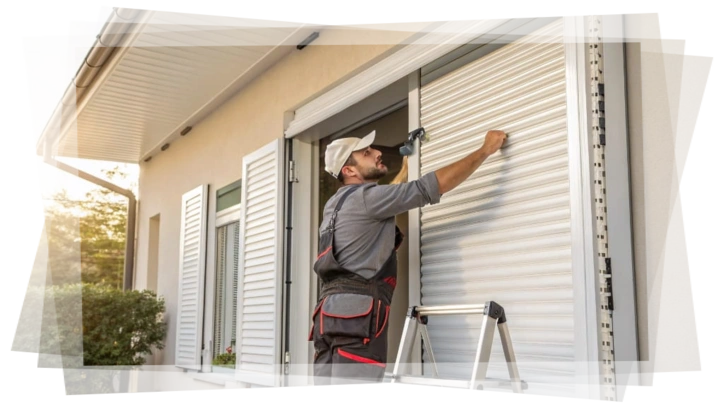 Tecnico reparador de cortinas de enrollar Técnico reparando cortina de enrollar en fachada residencial, destacando servicio profesional, rapidez y soluciones sin albañilería en Montevideo